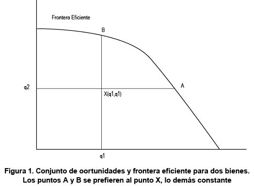 Figura 1. Conjunto de oportunidades y frontera eficiente para dos bienes.